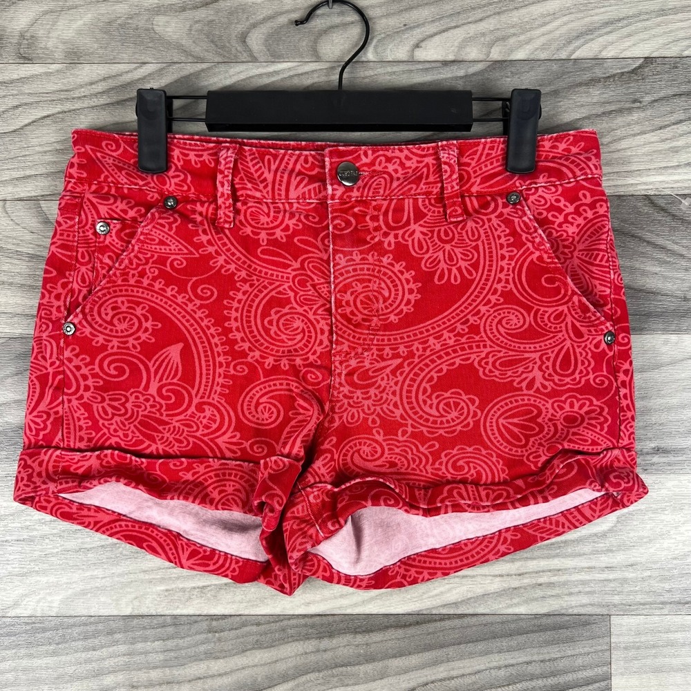 JustFab Denim Shorts Womens 27 Red Paisley Cotton Blend Stretch Cuffed Zip